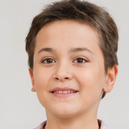 Joyful white child female with short  brown hair and brown eyes