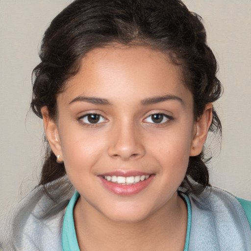 Joyful white child female with medium  brown hair and brown eyes