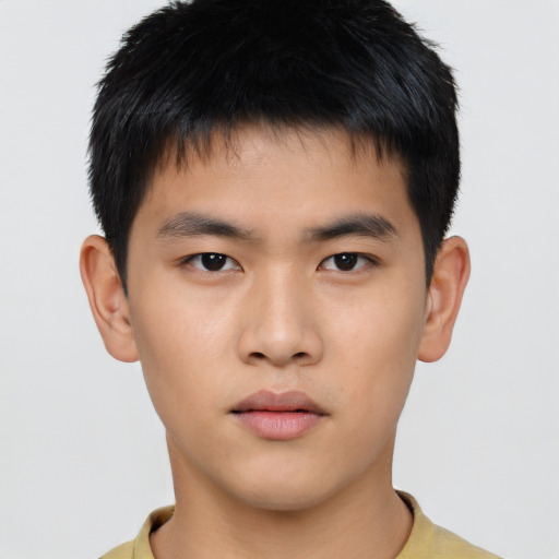 Neutral asian young-adult male with short  black hair and brown eyes