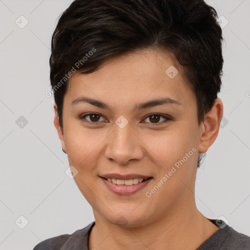 Joyful white young-adult female with short  brown hair and brown eyes