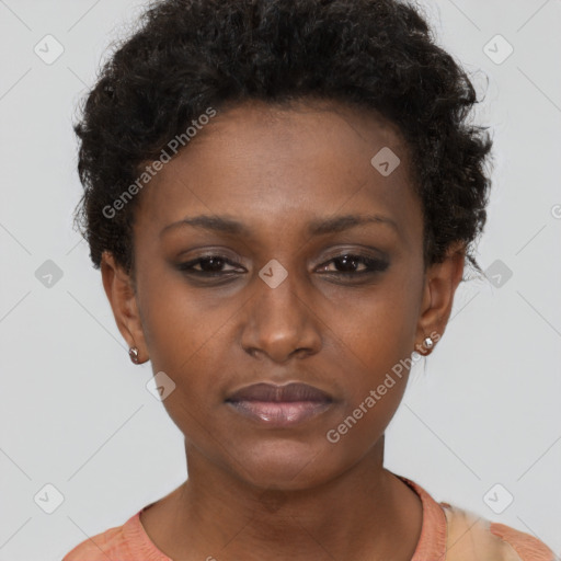 Neutral black young-adult female with short  brown hair and brown eyes