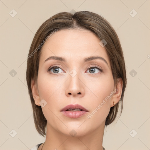 Neutral white young-adult female with medium  brown hair and brown eyes