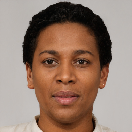 Neutral black young-adult female with short  black hair and brown eyes