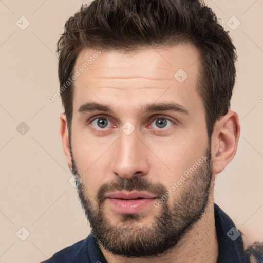 Neutral white young-adult male with short  brown hair and brown eyes