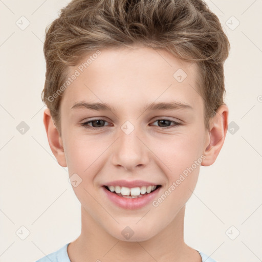 Joyful white child male with short  brown hair and brown eyes