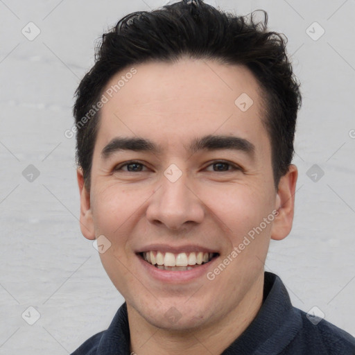 Joyful white young-adult male with short  black hair and brown eyes