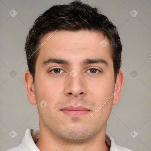 Neutral white young-adult male with short  brown hair and brown eyes