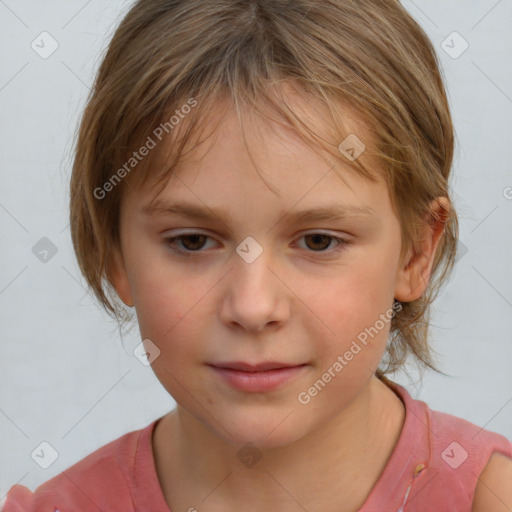 Neutral white child female with medium  brown hair and grey eyes