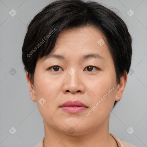 Neutral asian adult female with short  brown hair and brown eyes