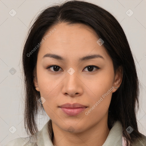 Neutral asian young-adult female with medium  brown hair and brown eyes