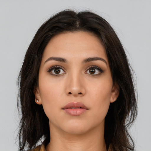 Neutral asian young-adult female with long  brown hair and brown eyes