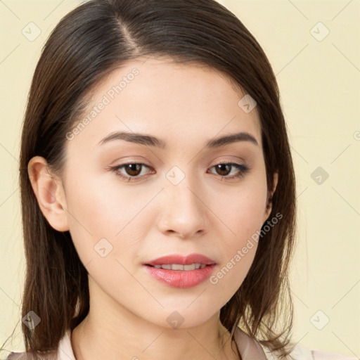 Neutral white young-adult female with medium  brown hair and brown eyes