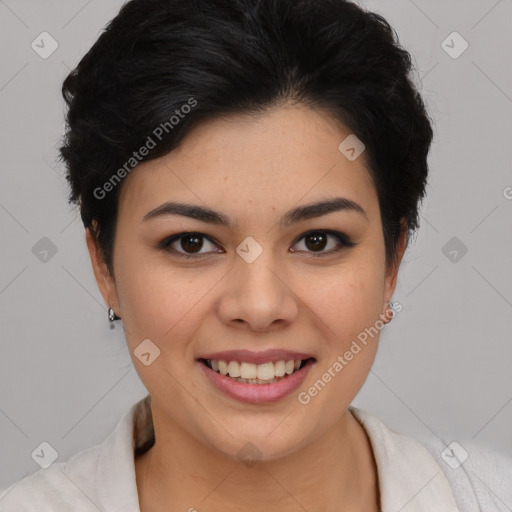 Joyful asian young-adult female with short  black hair and brown eyes