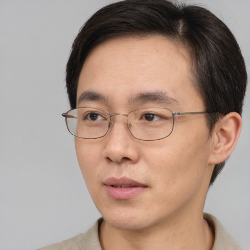 Neutral asian adult male with short  brown hair and brown eyes