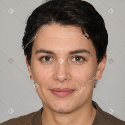 Joyful white adult female with short  brown hair and brown eyes