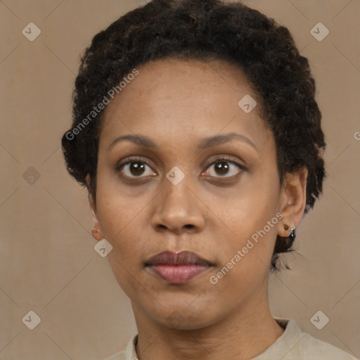 Neutral black adult female with short  black hair and brown eyes