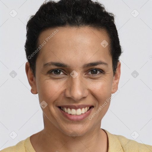 Joyful latino young-adult female with short  brown hair and brown eyes