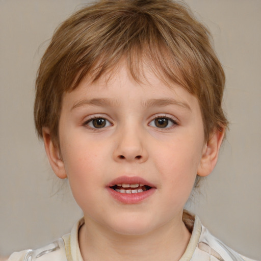 Joyful white child male with medium  brown hair and brown eyes