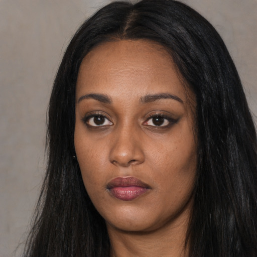 Neutral asian young-adult female with long  black hair and brown eyes
