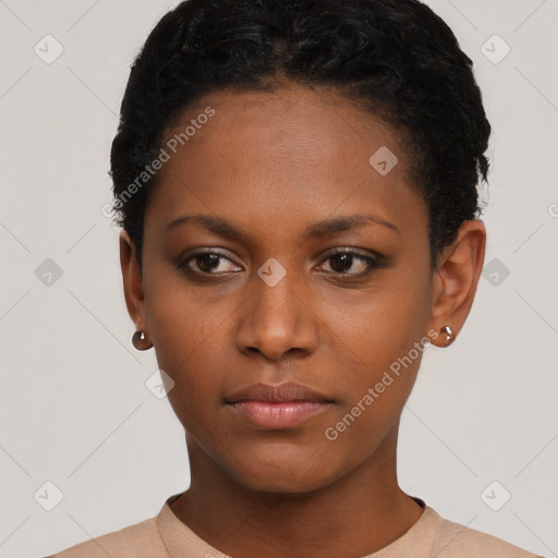 Neutral black young-adult female with short  black hair and brown eyes