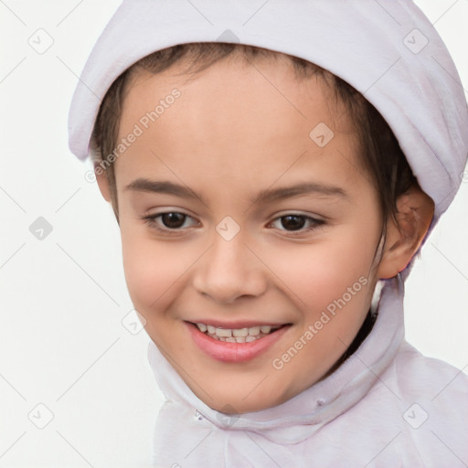 Joyful white child female with short  brown hair and brown eyes