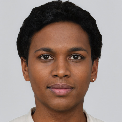 Neutral black young-adult female with short  black hair and brown eyes