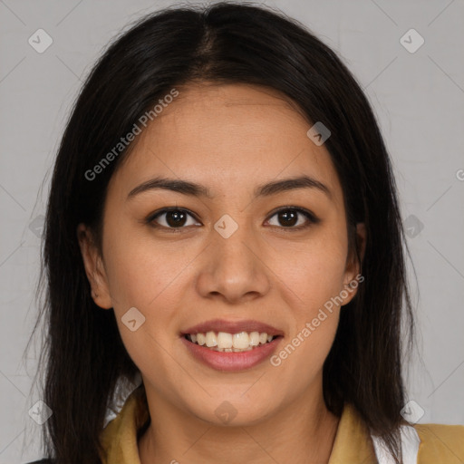 Joyful latino young-adult female with medium  brown hair and brown eyes