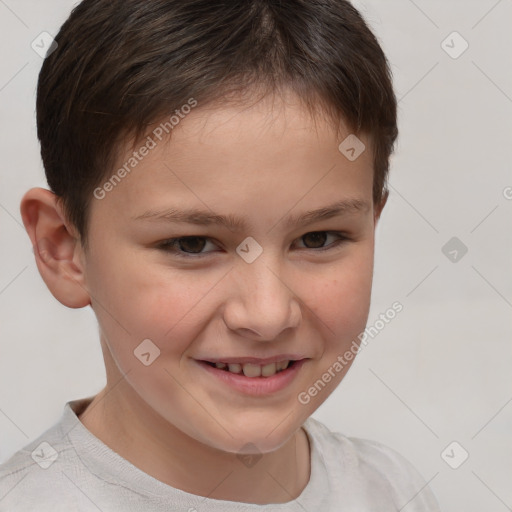 Joyful white child female with short  brown hair and brown eyes