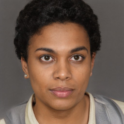 Neutral black young-adult female with short  brown hair and brown eyes