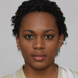 Neutral black young-adult female with short  black hair and brown eyes