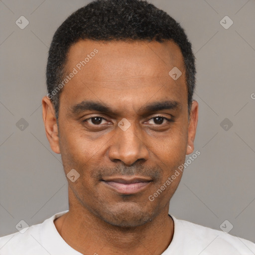 Joyful black young-adult male with short  black hair and brown eyes