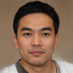 Neutral asian young-adult male with short  black hair and brown eyes