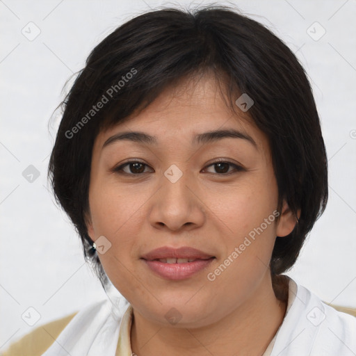 Joyful white young-adult female with medium  brown hair and brown eyes