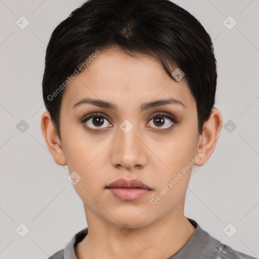 Neutral white young-adult female with short  black hair and brown eyes