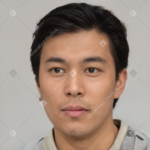 Neutral asian young-adult male with short  brown hair and brown eyes