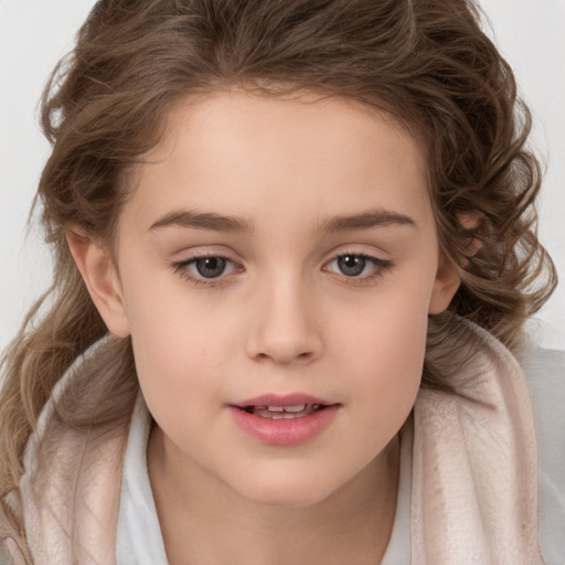 Joyful white child female with medium  brown hair and brown eyes