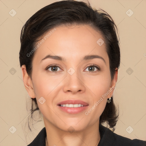 Joyful white young-adult female with long  brown hair and brown eyes