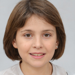 Joyful white child female with medium  brown hair and brown eyes