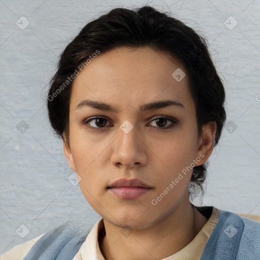 Neutral white young-adult female with short  black hair and brown eyes