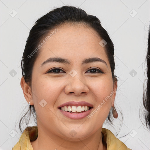 Joyful asian young-adult female with medium  brown hair and brown eyes