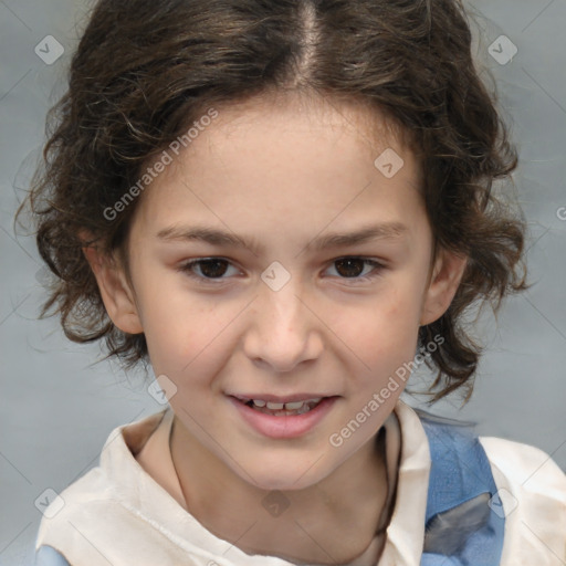 Joyful white child female with medium  brown hair and brown eyes