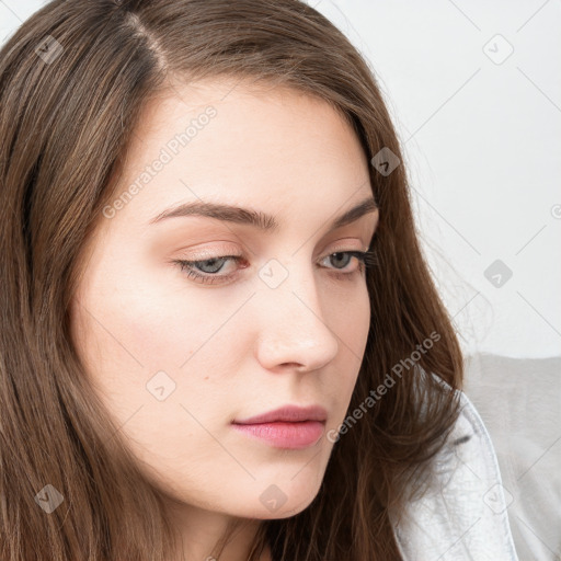 Neutral white young-adult female with long  brown hair and grey eyes