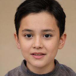 Joyful white child female with short  brown hair and brown eyes