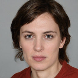 Neutral white young-adult female with medium  brown hair and brown eyes