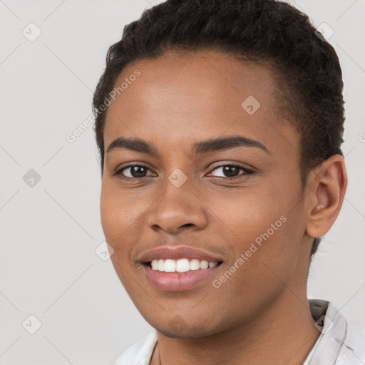 Joyful white young-adult female with short  brown hair and brown eyes