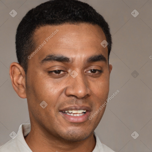 Joyful black young-adult male with short  brown hair and brown eyes