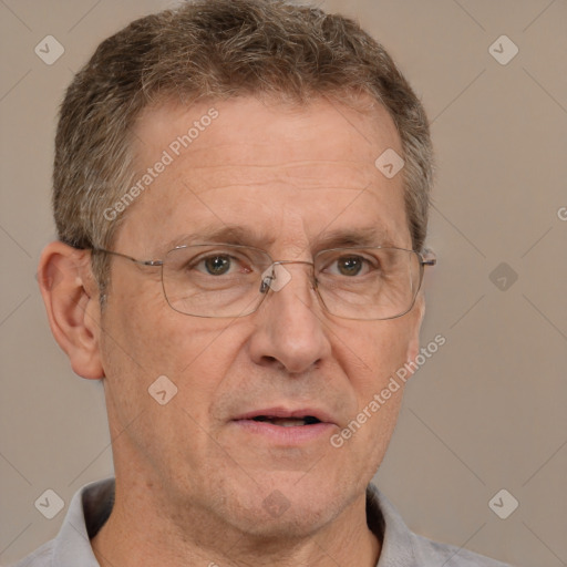 Neutral white middle-aged male with short  brown hair and brown eyes