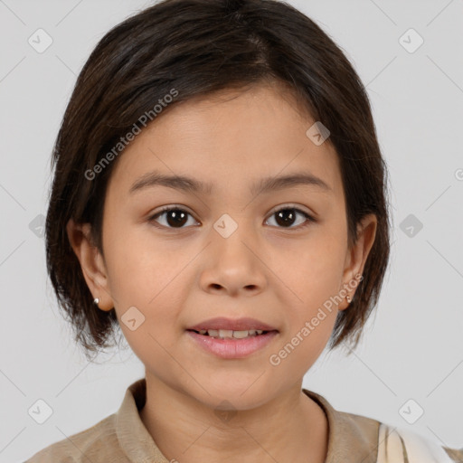 Joyful white child female with medium  brown hair and brown eyes