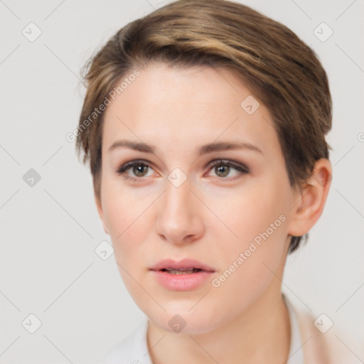 Neutral white young-adult female with short  brown hair and brown eyes