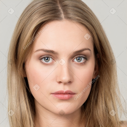 Neutral white young-adult female with long  brown hair and grey eyes